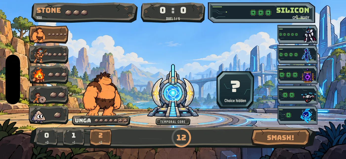 StoneVsSilicon choice screen: your lineup on the left, the Temporal Core in the center, the rival lineup on the right and the rock selector at the bottom.