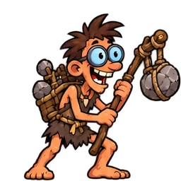 Thunk, un inventor prehistórico con lentes y un mecanismo primitivo.